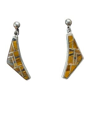 Sterling Silver Tiger eye Mosaic Drop Earrings - Yellow